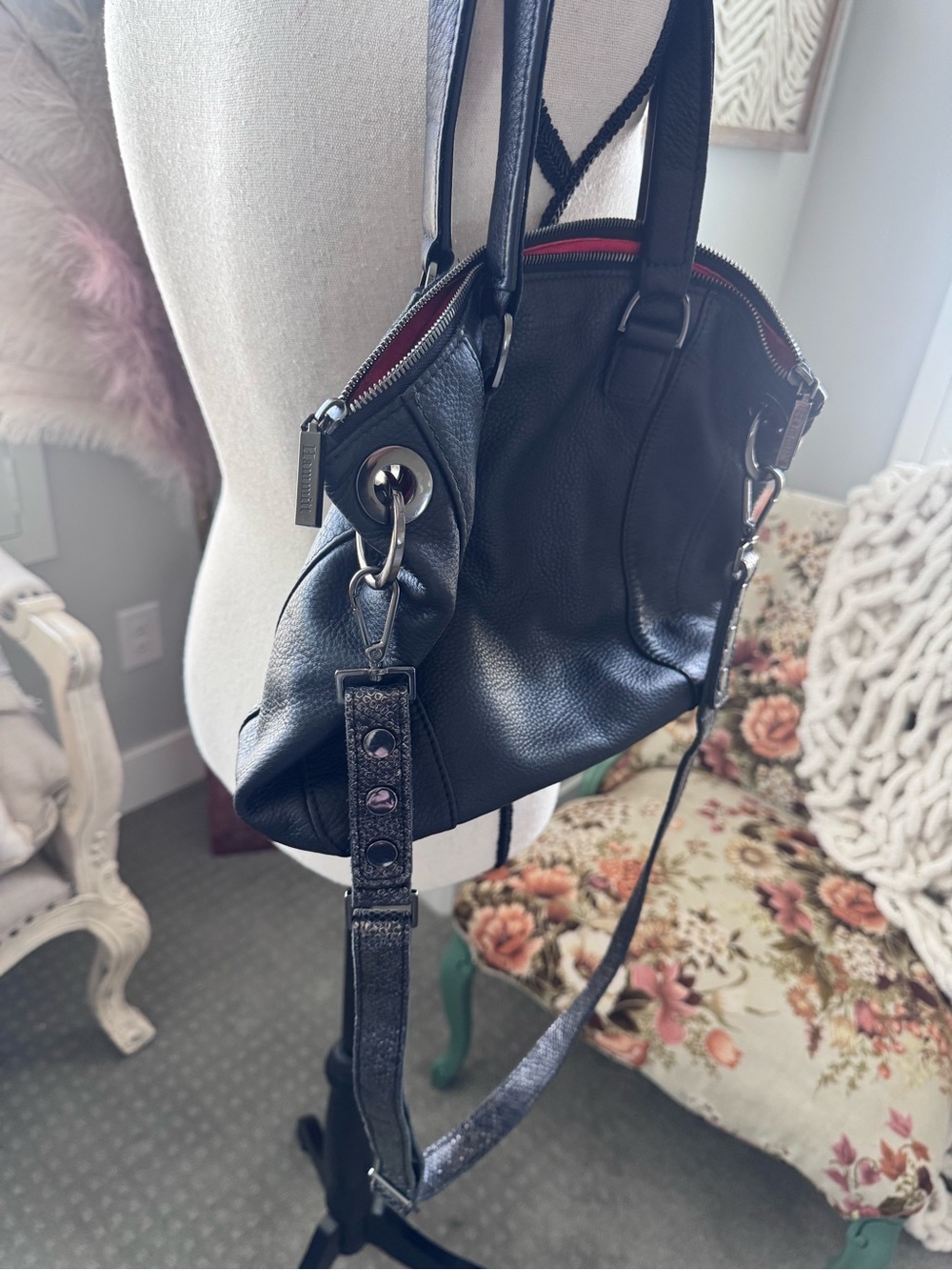 Hammitt Los Angeles Black Pebbled Leather Satchel Crossbody Red Suede - Picture 13 of 14